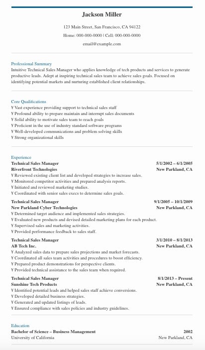 Technical Sales Manager Resume Sample